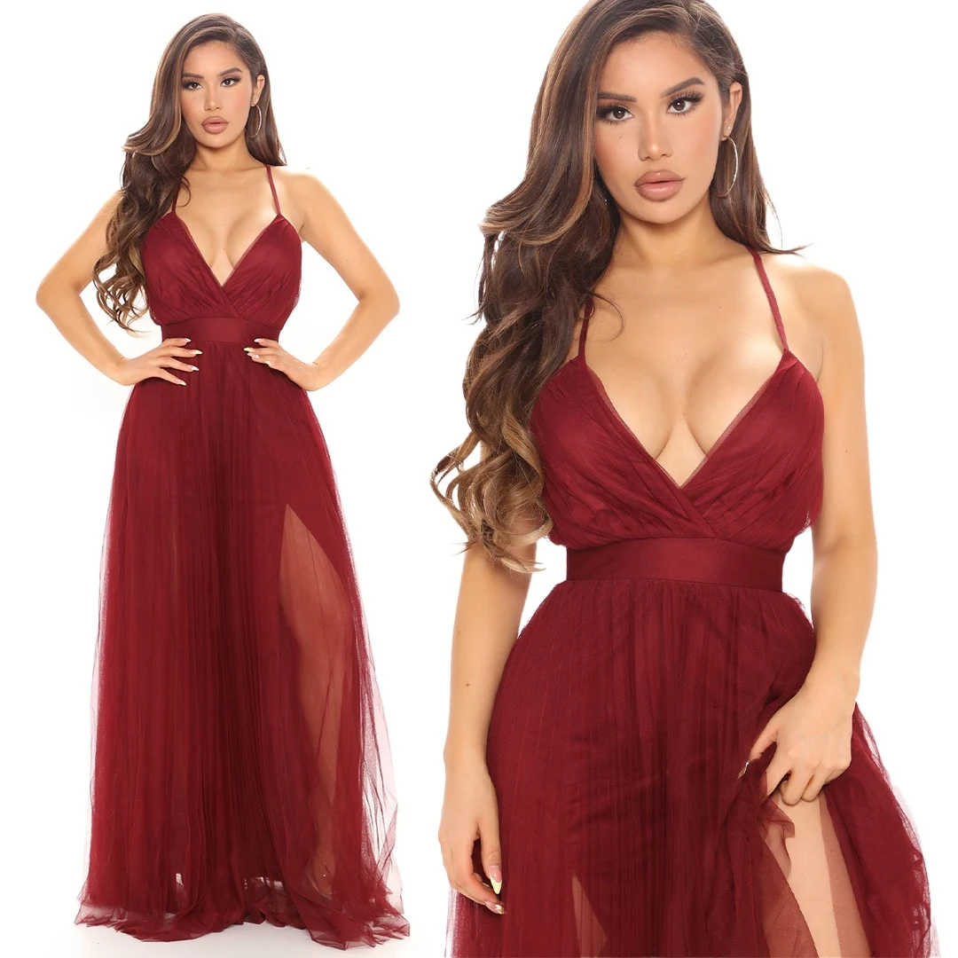Sell Well Classy Mesh Deep V Neck Slit Criss-Cross Backless Bridesmaids Long Evening Party Dresses