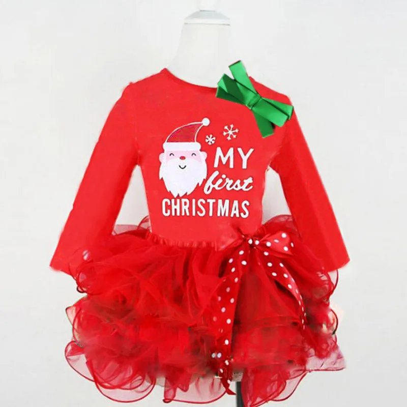 New Products Christmas Clothes Girls Dress Long Sleeve Santa Claus Pattern Kids Tutu Skirt Lovely One-Piece
