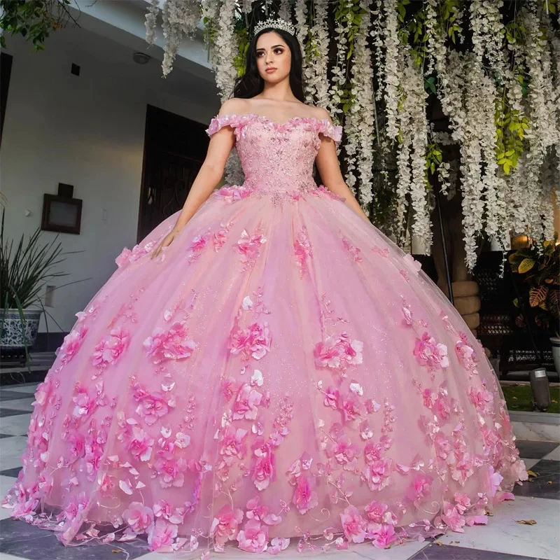 Mumuleo 2023 Pink Ball Gown Quinceanera Dresses 3D Flower Handmade Pearls Vestidos De 15 Anos Corset For Birthday Dress