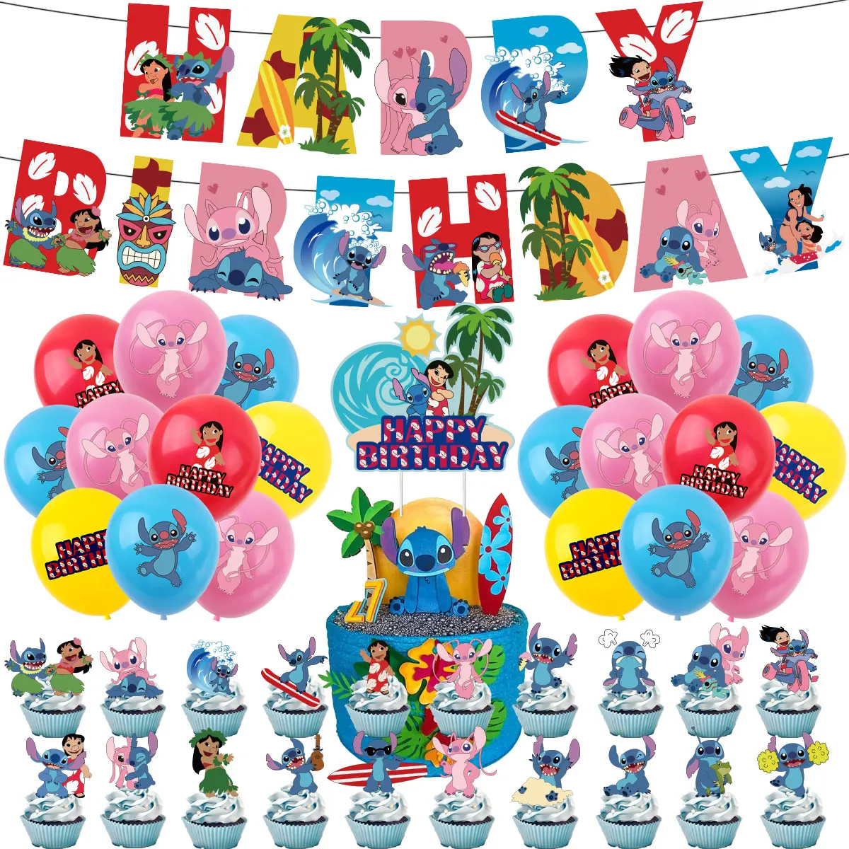 Lilo & Stitch Party Supplies Set Lilo And Stitch Balloons happy Birthday Banner Cupcake Toppers Hanging Swirls Party Decorations