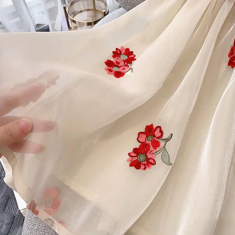 children clothes red bow puff short sleeves girls floral embroidered flowers sweet princess girls dress for summer