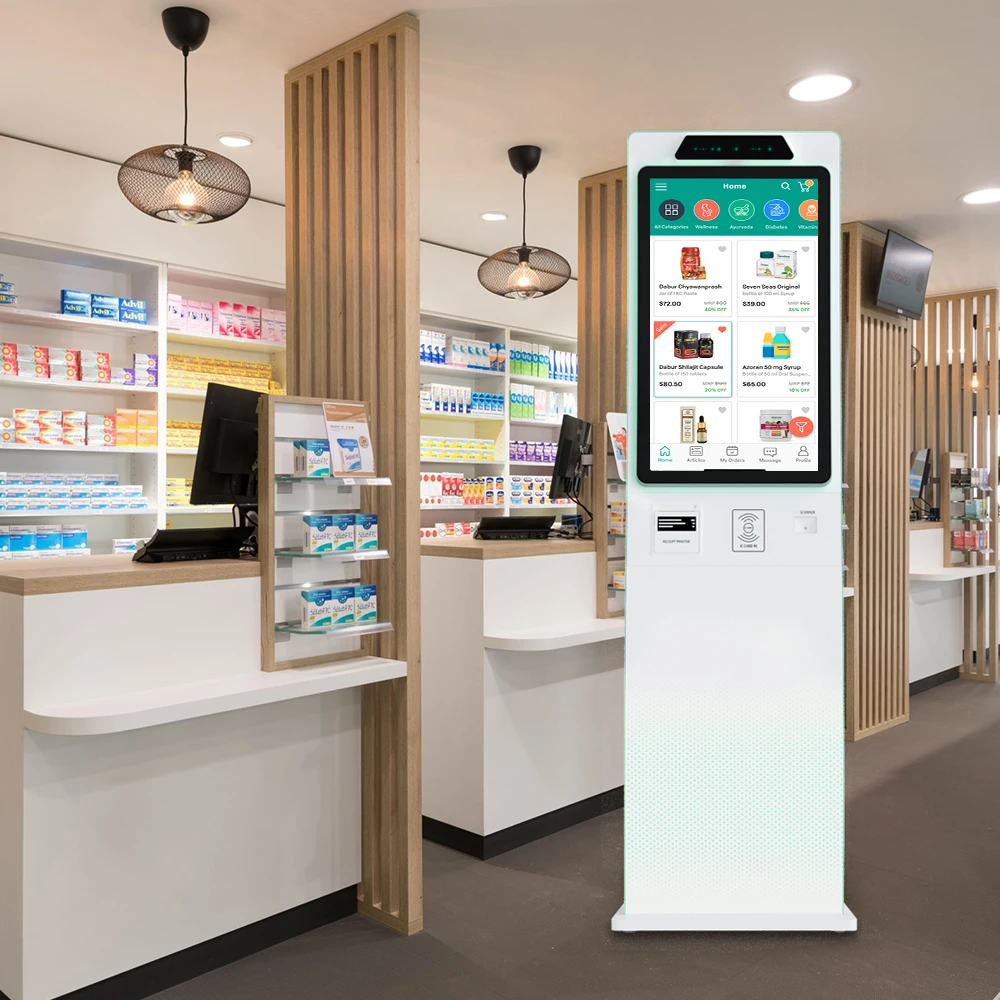 Factory price 23.6/32' curved cabinet kiosk with flexible touch screen receipt printer qr code display card reader self kiosk