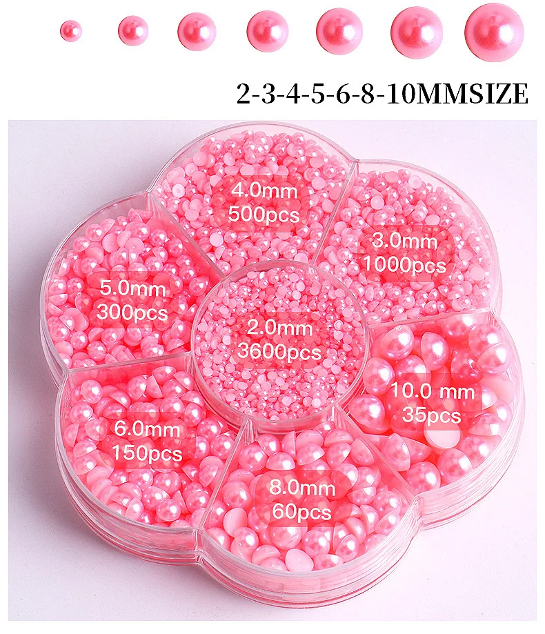 Hot sale 7 grid pearl nail decoration DIY mixed size 5600 pieces/box half round pearl nail art 3d nail charm decoration