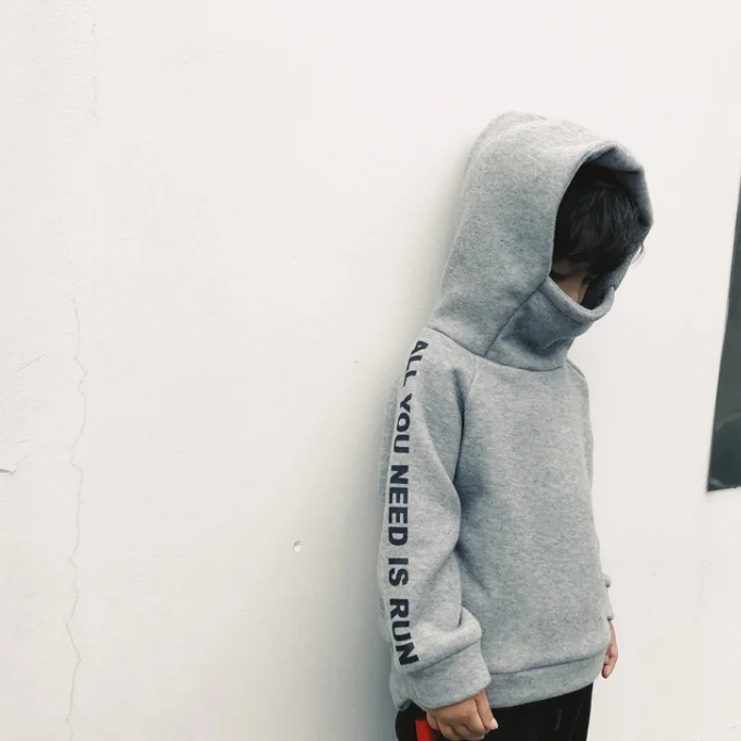
KS1649 Stylish words print boys winter hoodie turtleneck kids high fashion hoodie 