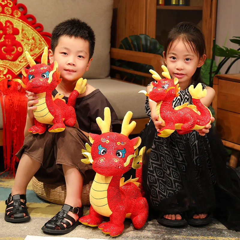 HL 2024 New Cartoon Zodiac Dragon Year Mascot Red Chinese Dragon Plush Toy Soft Stuffed Anime Animal Dragon Doll New Years Gift