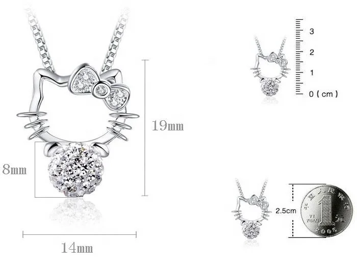 Lovely Bow Kate Cat Necklace Earring Set Jewelry Full Of Rhinestone Shambhala Ball Women 925 Sterling Silver Hello Kitty Jewelry