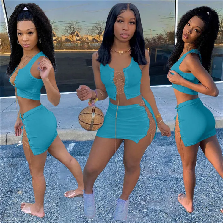 Summer 2021 New Women Fashion Sexy Bandage Chain Crop Top And Mini Skirts Two Piece Set Outfits