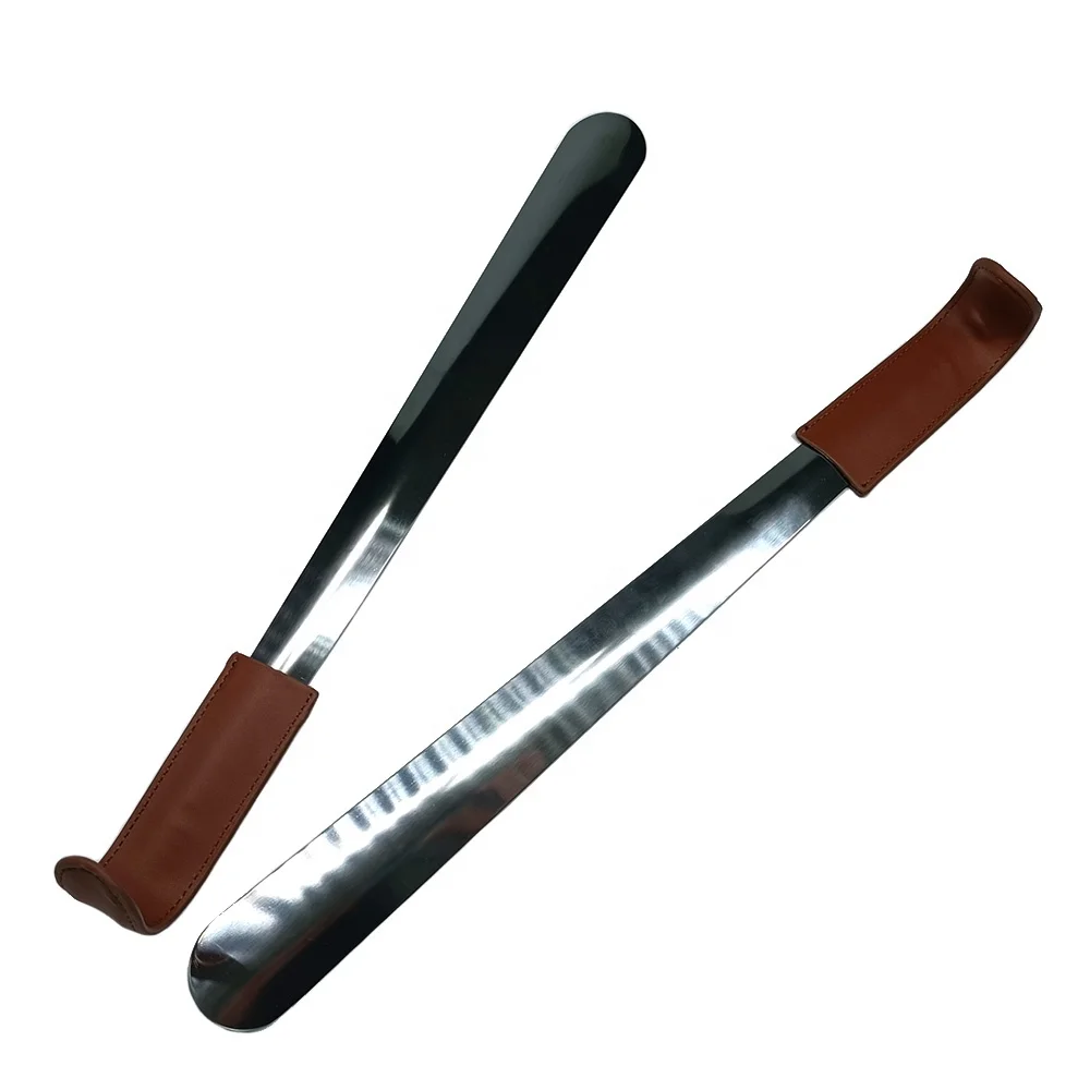 Hanging type shoe wearer long metal shoehorn shoe pump leather handle old& lazy people stainless steel tool shoe horn - MH01LH