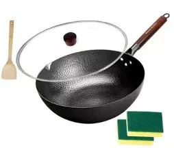 Round Flat Bottom Non Stick Mini Cast Iron Skillet Frying Pan 30cm With Clear Glass Lids and Spatula