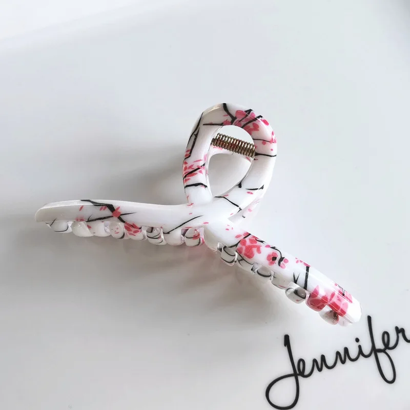 11cm Large Hair Dress Elegant Cross Shape Flower Printed Acrylic Resin White Hair Claw Clip for Girls and Lady