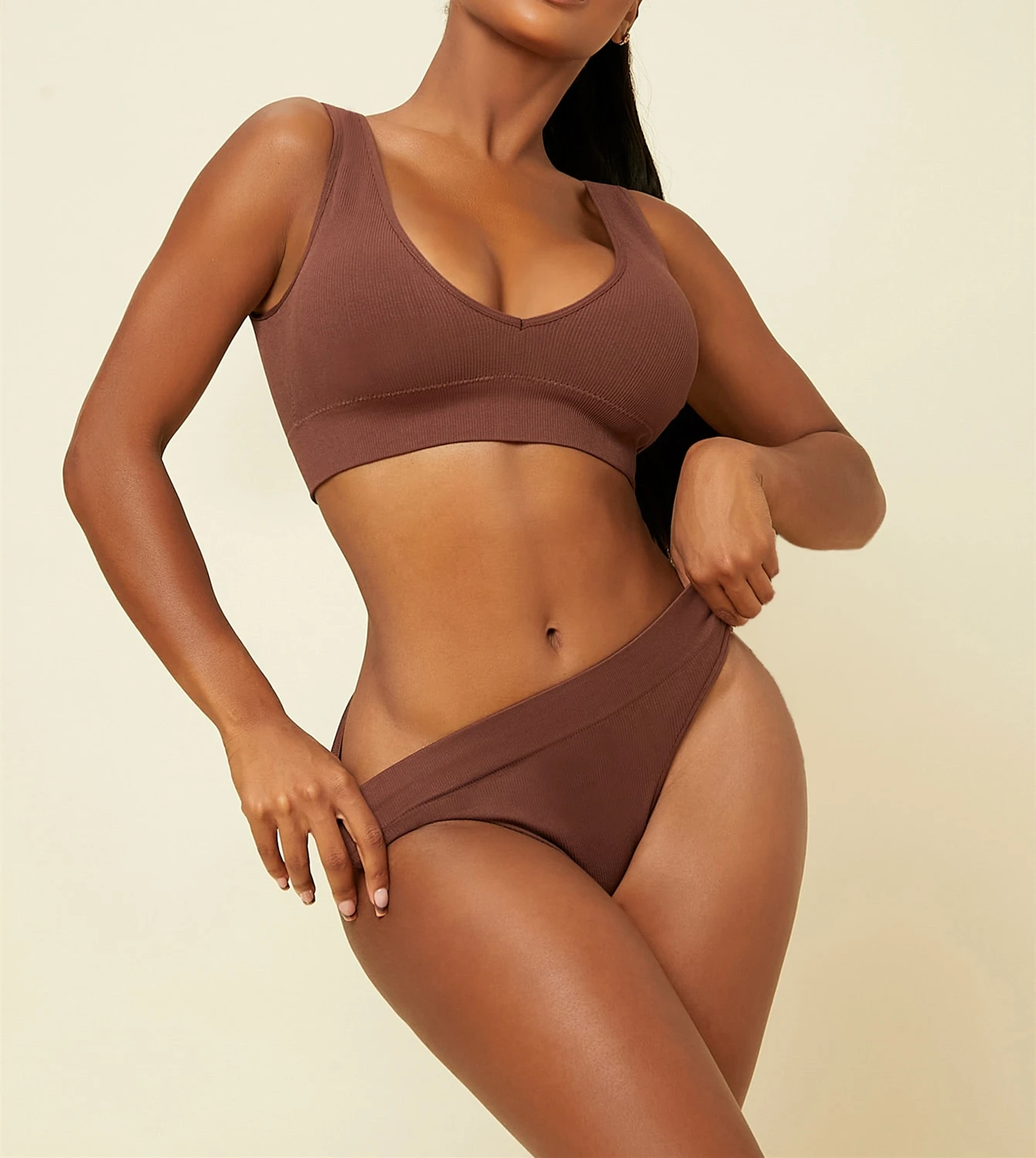 Factory High Elastic Seamless Bra Sport Thong Women Breathable Sporty Underwear Brown Ribbed Comfortable Seamless Underwear