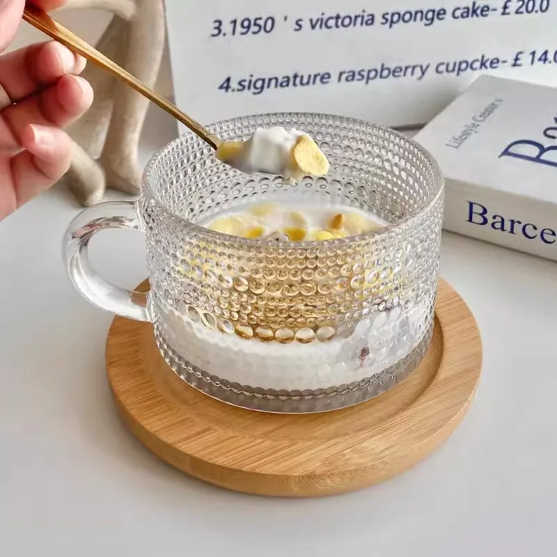 Vintage Glass Coffee Mugs with bamboo lid Clear Breakfast Cups with Handle Stackable  Luxury Transparent Embossed Glass Cups