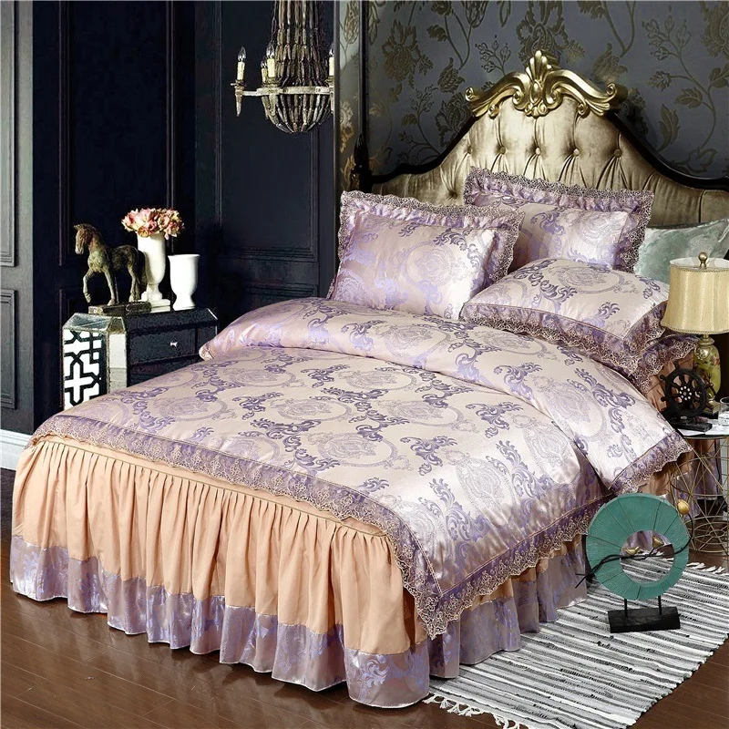 Floral Jacquard Faux Silk Bedding Sets Bedspread Customize Duvet Cover Bed Skirt Sheet European