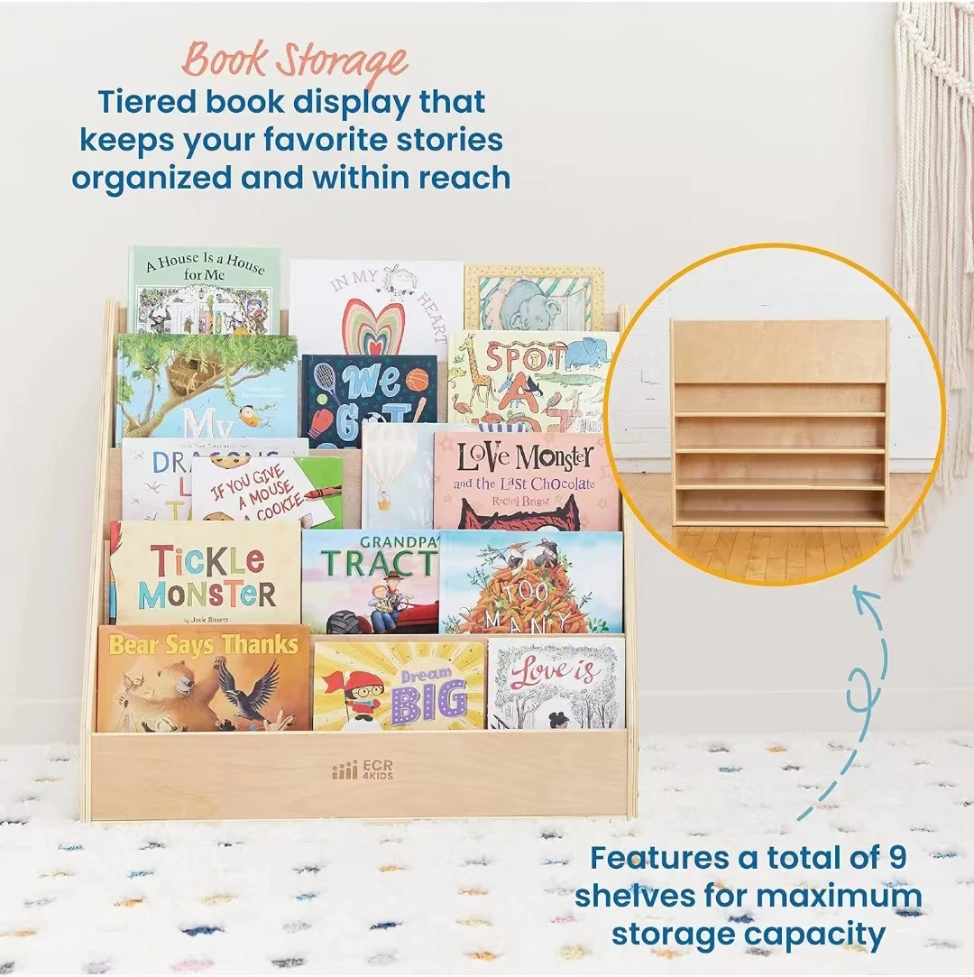 Home School Double Sided Storage Book Magazine Organizer Shelf Rack Wooden Box