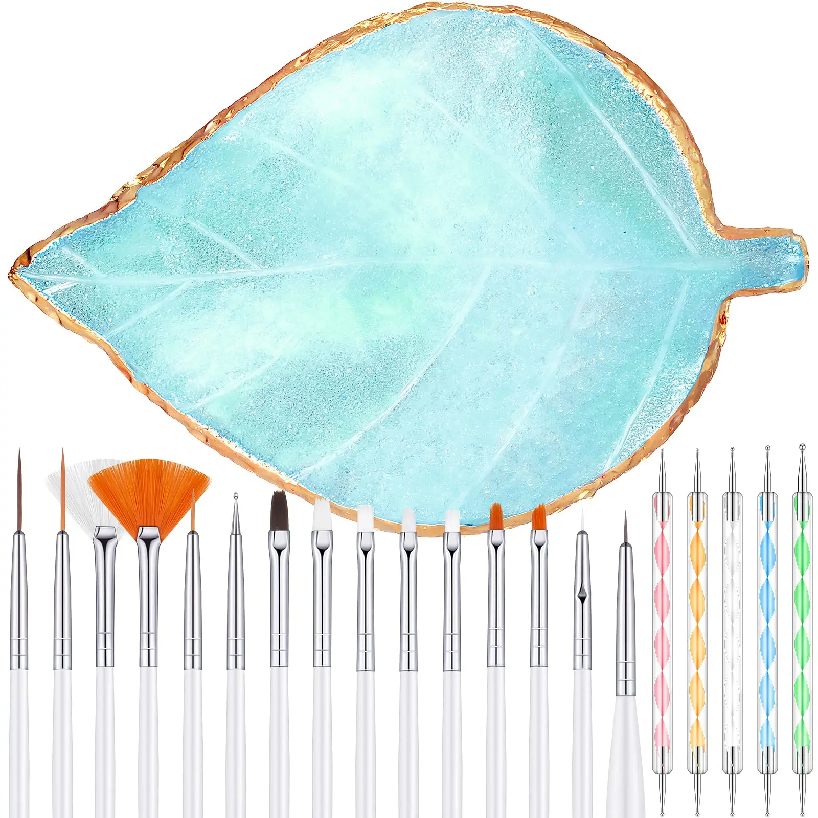 21 Pieces Nail Art Brush Beauty Tool Kit Resin Nail Art Palette With Leaf Shape Mixing Palette DIY Nail Art Designs Dot Pen Kit