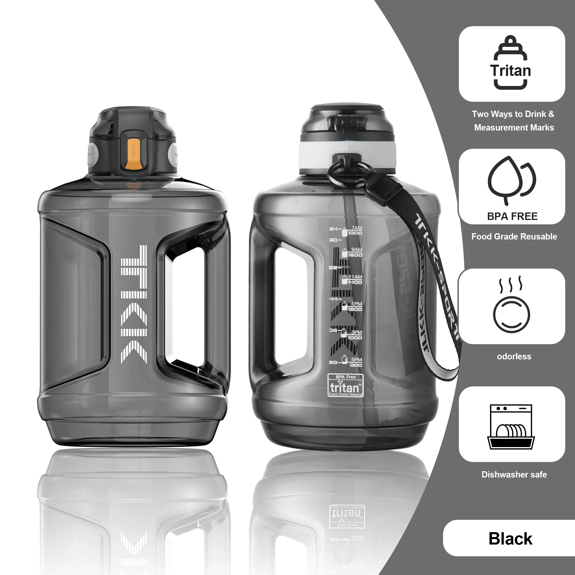 Large Capacity Water Bottle Jug For Gym with Straw Time Marker Dishwasher Safe 1/2 Gallon 64 Oz Water Bottle Jug BPA Free