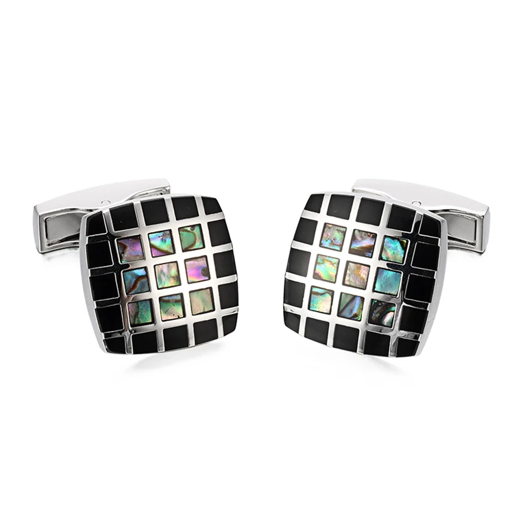 2022 Trendy High Quality Black And Colorful Shell Square Lattice Cufflinks Semi-Precious Stone For Mens Shirt