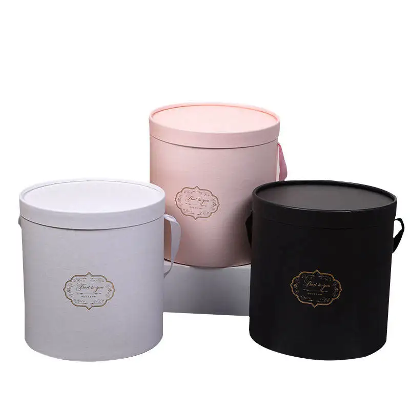 Luxury Custom Printing Flower Box Round Cardboard Gift Box Packaging With Ribbon Handle