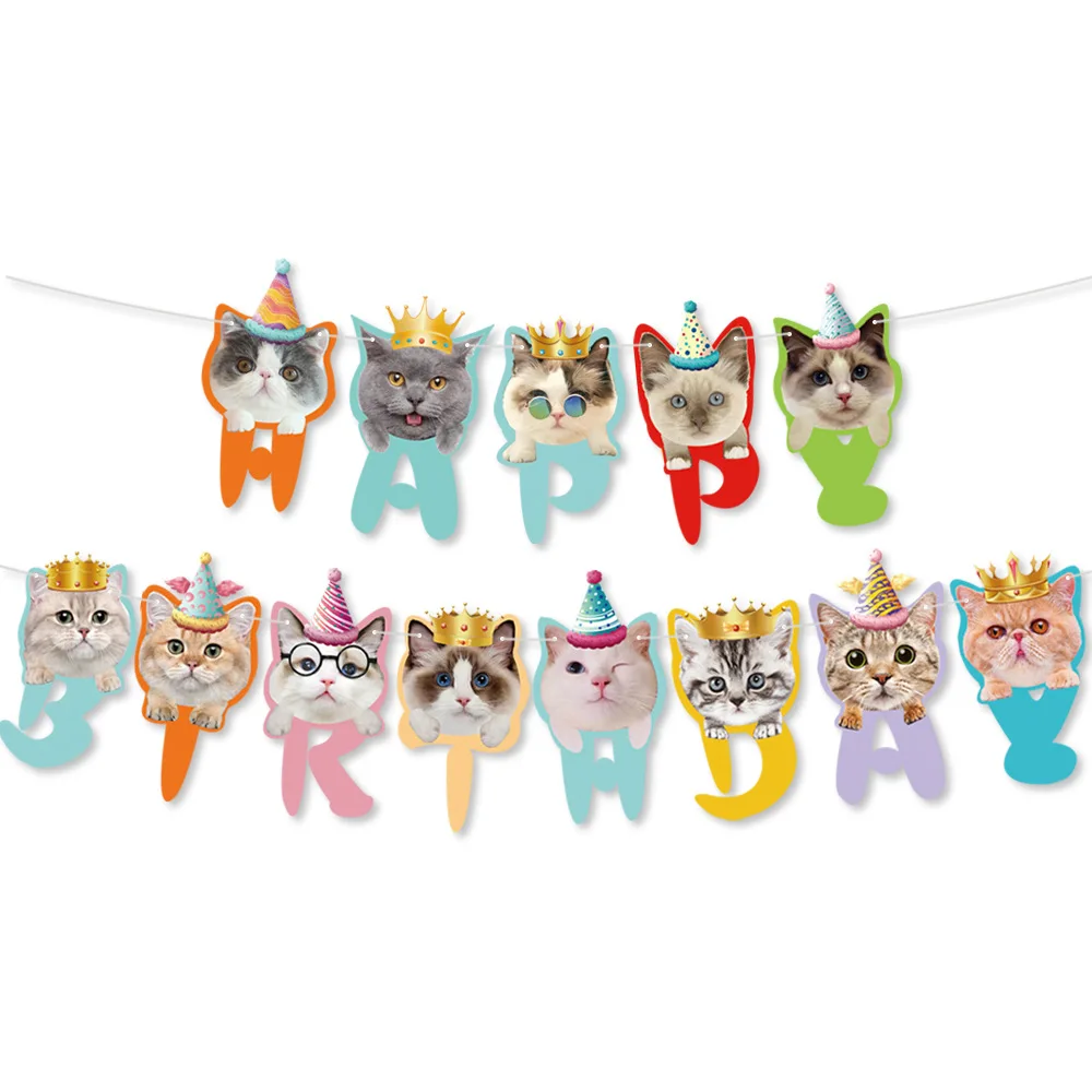
Cat Party Supplies Pet Theme Party Decorations Cat Happy Birthday Banner Dessert Table Cake Topprt Kids themed birthday pa 