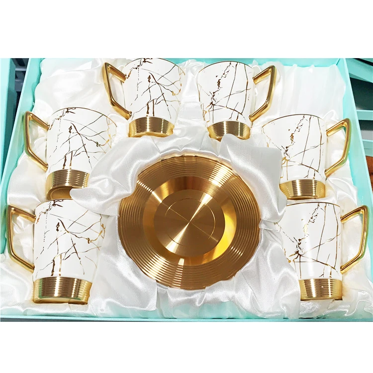 Arabic modern custom box gift cup and saucer set luxury white gold marble decor coffee tea cup set ceramic cups