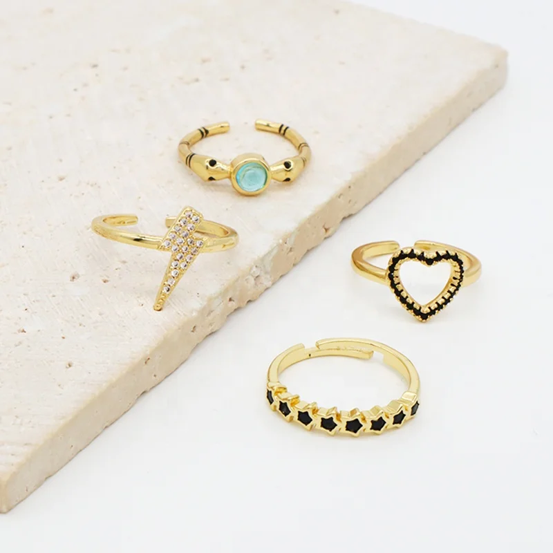 Wholesale Factory Heart Shape Two snake Finger Ring Opening Adjustable Gold Plated Heart Star Lightning Snake Ring For Women