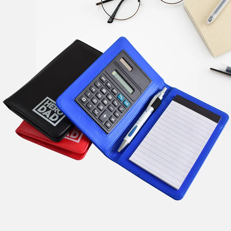 Factory customize calculator notepad A6 PU leather cover pocket memo note pad notebooks with pen loop