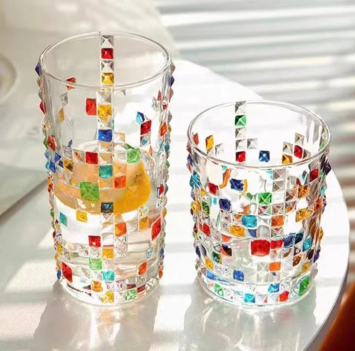 Crystal Weaving Pattern For a Unique Drinking Experience Old Fashioned Whiskey Glass with Hand Painted Rainbow Color