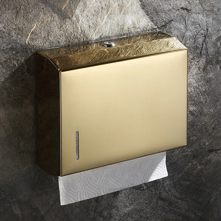 Hotel luxury wall mount metal waterproof square stainless steel toilet tissue box paper holder gold paper towel dispensers