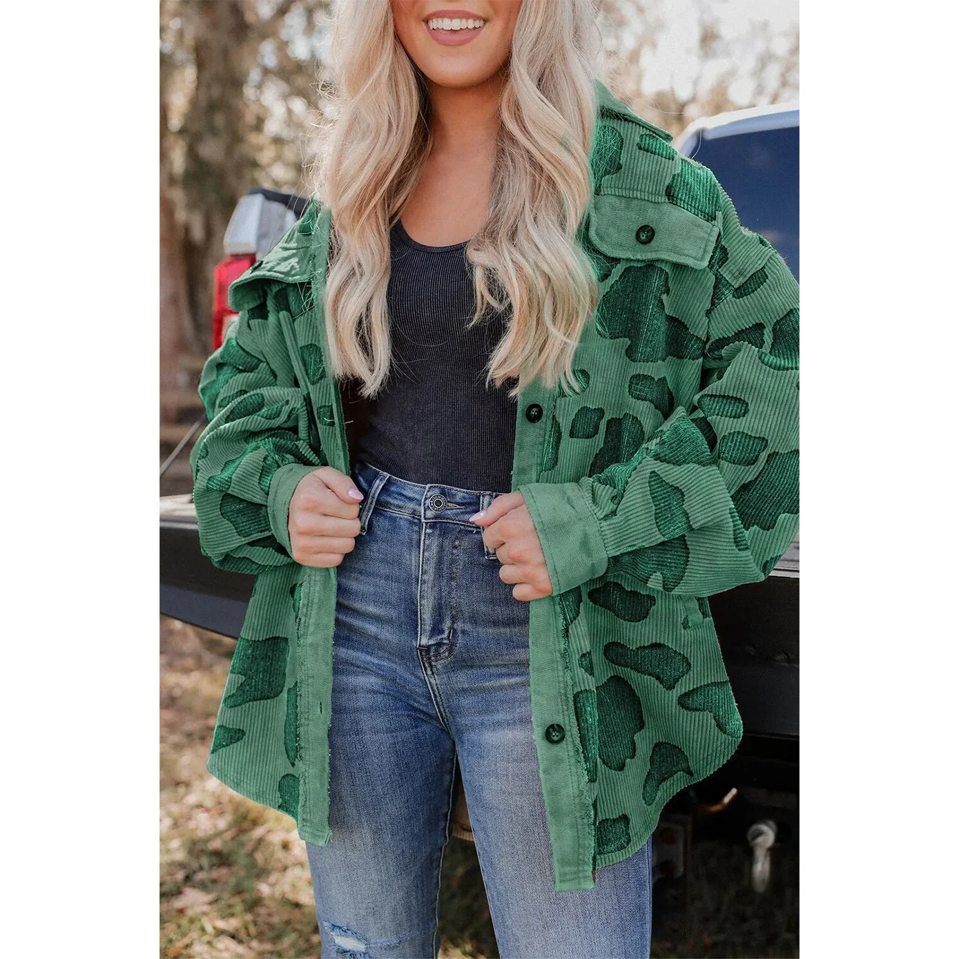 Autumn Women Leopard Cow Print Corduroy Cardigan Jacket