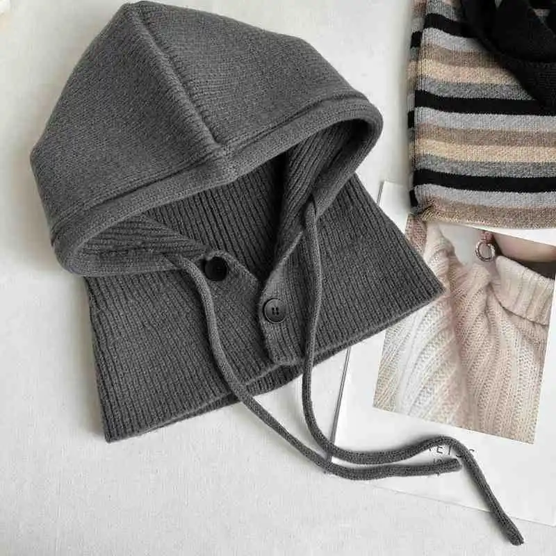 Winter Warm Scarf Hat Integrated Korean Version Solid Color Neck and Ear Protection Knitted Hat Big Head Waist Hat