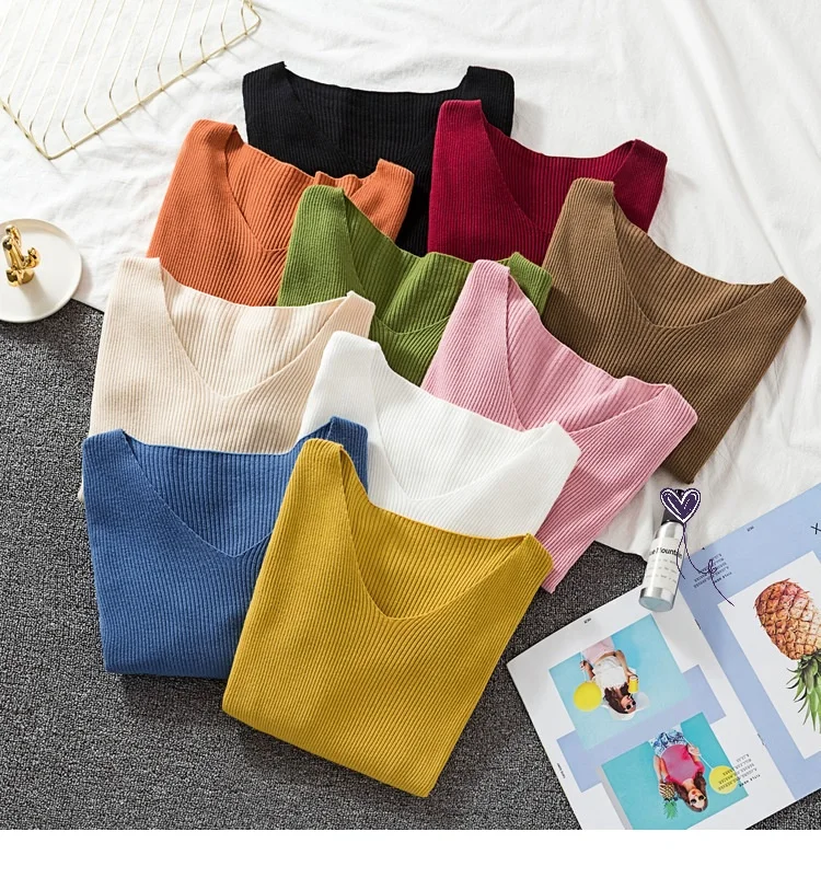 Недорогие свитера на заказ, свободные вязаные рождественские женские свитера с длинным рукавом и V-образным вырезом