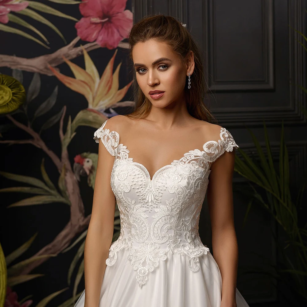 Аппликации ТРАПЕЦИЕВИДНОЕ свадебное платье Vestido Casamento кепки рукавом Кружева Принцесса Свадебные платья De