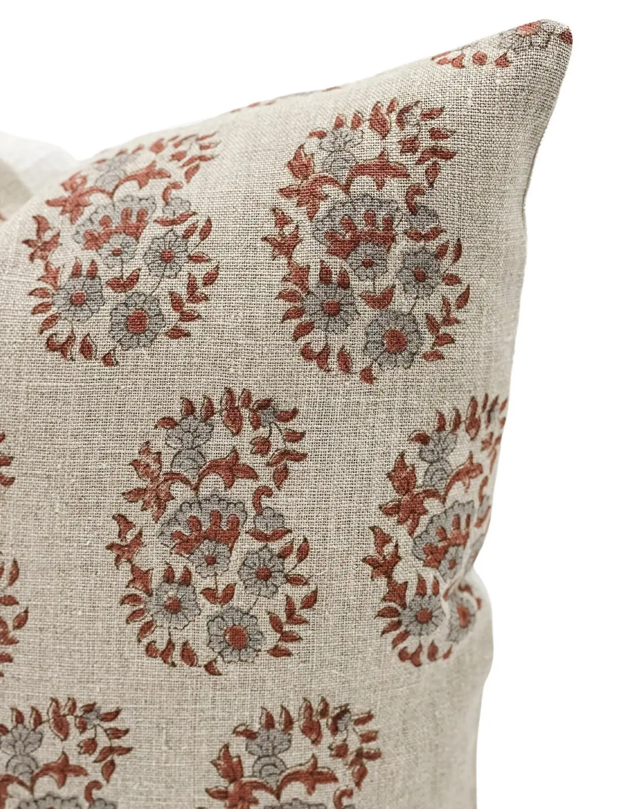 Custom Floral Rust Saffron with Blue Grey on Natural Linen Pillow Cover Manikarnika Block Print 100% Cotton Cushion Covers/