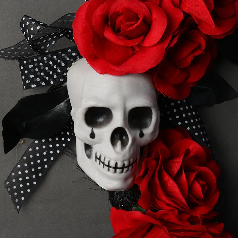 Halloween Skeleton 16 Inch Red Rose Ghost Handmade Garland Halloween Festival Party Venue Scary Props Decorated Rattan Wreath