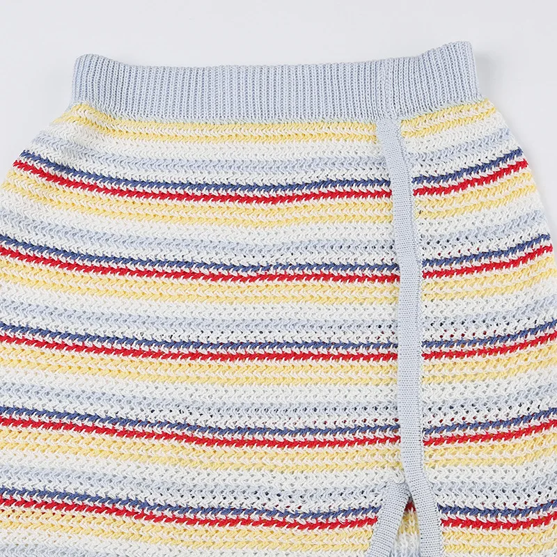 High Quality Knit Sexy Women Two Piece Set Striped Short Sleeve Crop Tops+Mini Split Skirts Stretch Matching Streetwear Outfits