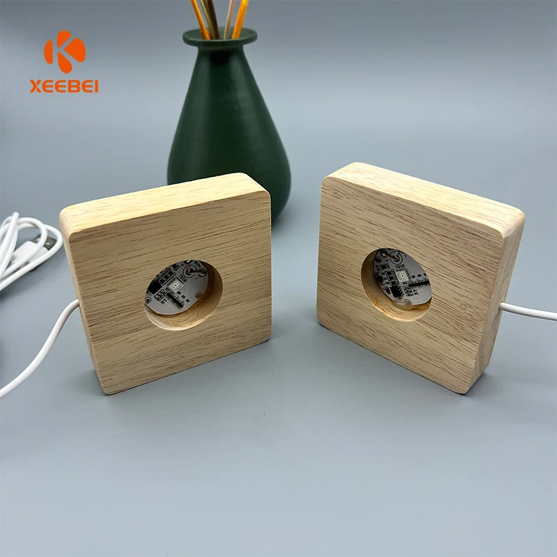 Wholesale Bedroom Desktop RGB Control Acrylic Wooden Base Lamp 3D Night Light gift warm light USB   Wooden Led lamp base