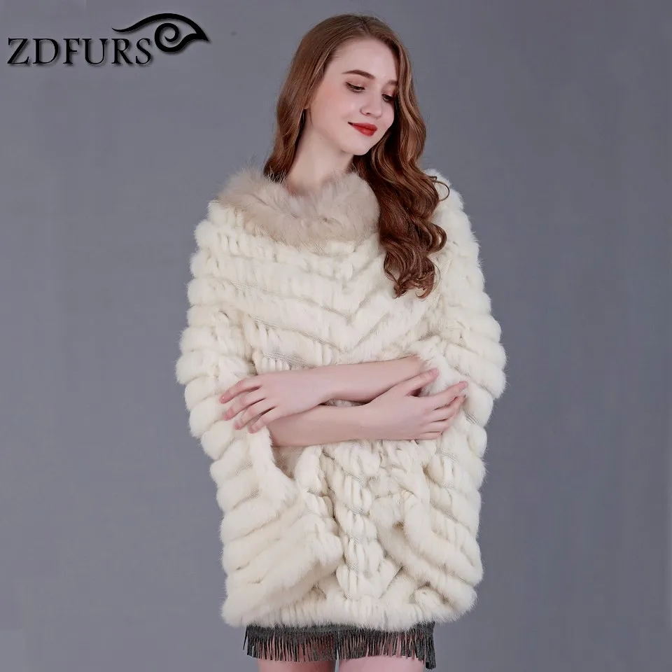 ZDFURS * new fashion real rabbit fur Shawl knitting rabbit fur poncho stole shrug cape robe tippet amice wrap raccoon fur trim