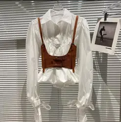 High Quality Wholesale Autumn New Design PU Corset Vest Shirt High Waist Sling Camisole Bow Cuff Shirt Two-Piece Blouse Set