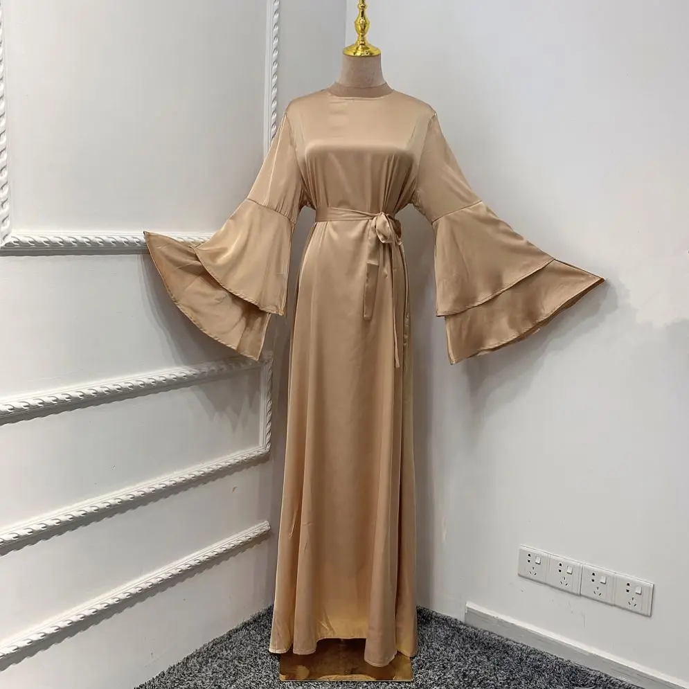 2021 modern fashion satin abaya ruffles sleeve Ramadan Muslim dress women  Dubai Turkish  long dress muslim islamic clothing