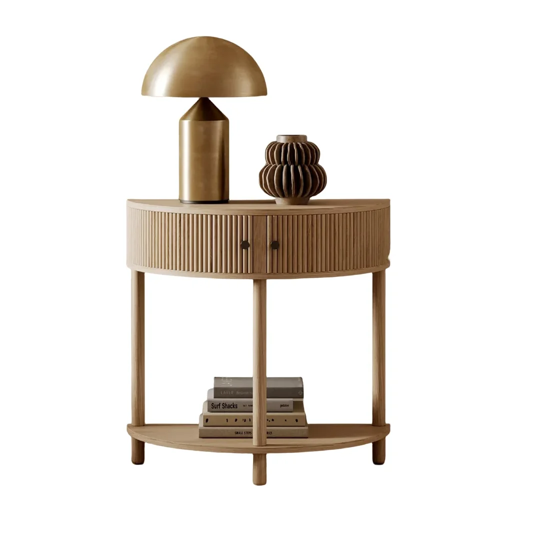 Modern Small  Solid Wood Fluted Half Moon Console Table  with Two Doors and Black Knobs for Living Room