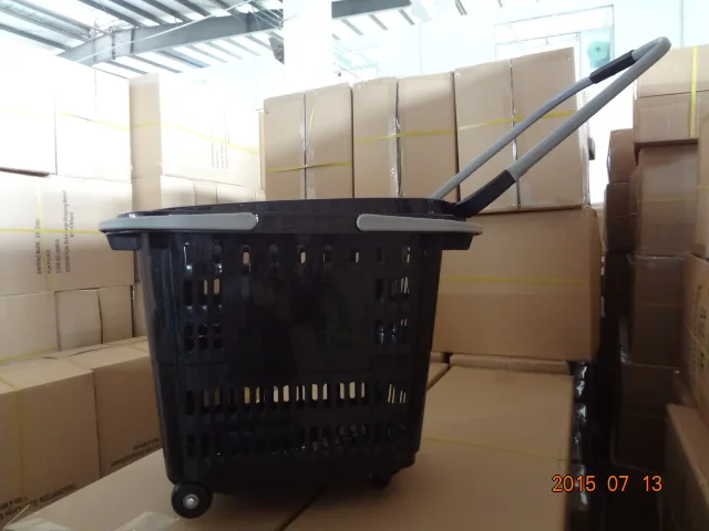 MOQ 20 PCS Stacking 50L Supermarket Plastic Rolling Cart With 4 Wheels, Folding Handles Shopping Basket