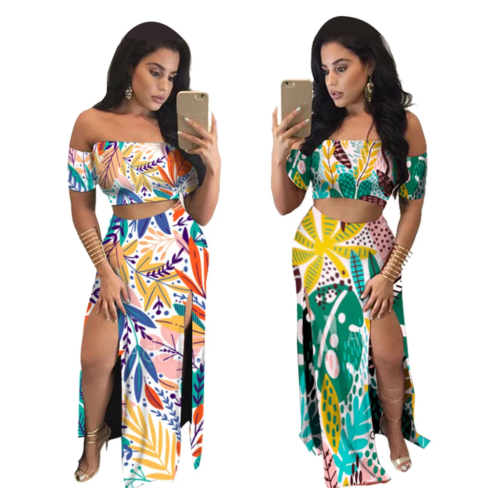 Женский комплект из 2 предметов, короткий топ с открытыми плечами и длинная юбка с Боковым Разрезом