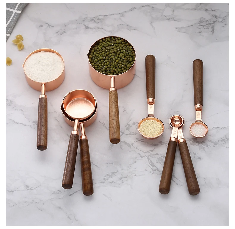Rose Gold Walnut Wooden Handle Cooking Coffee Cake Stainless Steel Measuring Spoons Cups Set
