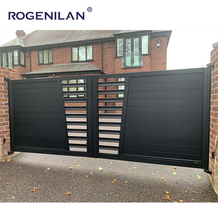 Rogenilan Latest intelligent remote control sliding entrance design outdoor trackless aluminium outdoor gate