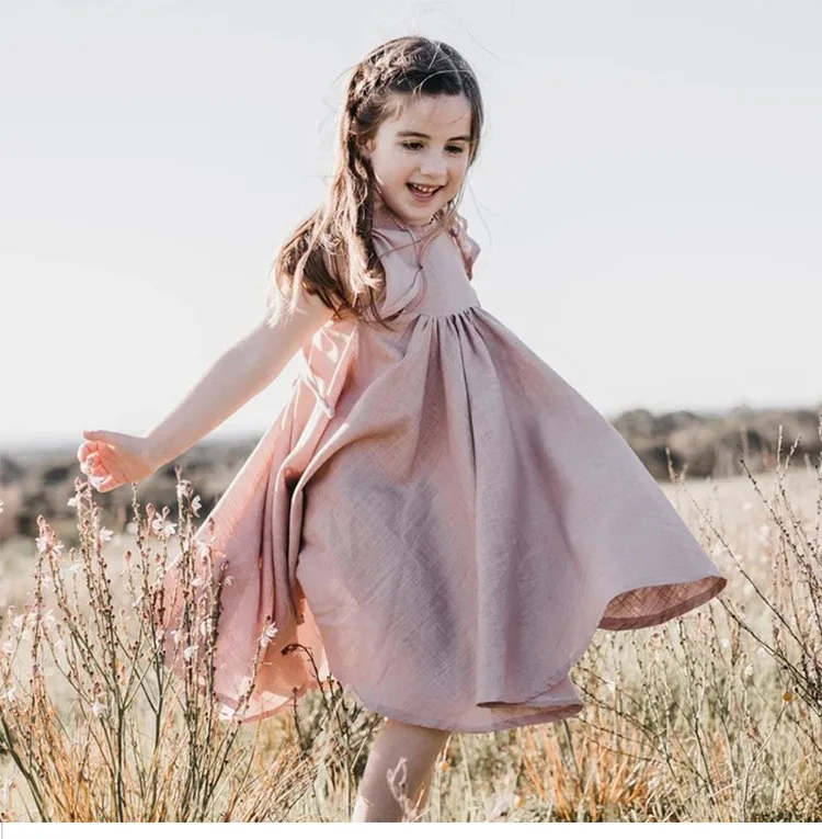 Girls princess dress summer new Korean version of the Western style casual petal sleeves cotton linen big swing baby girl dress