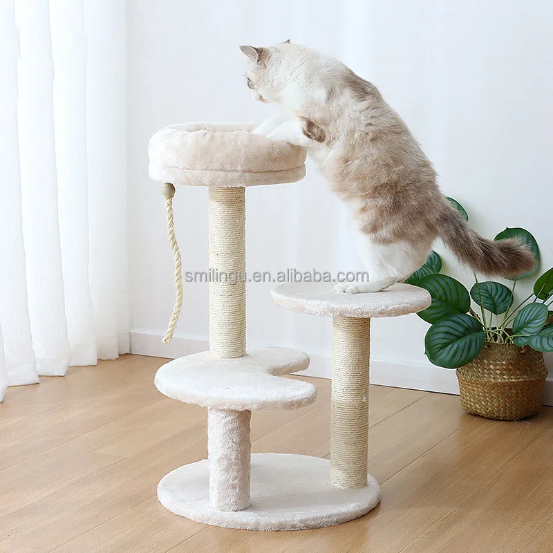 2ft Heighth 4-Storey Beige Plush Fabric Sisal Pillar Cat Scratching Post with a Bed