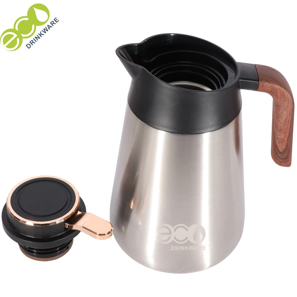 GT008 thermos flask coffee pot made of double walled 304 stainless steel with wooden handle insulated jug with drip free spout