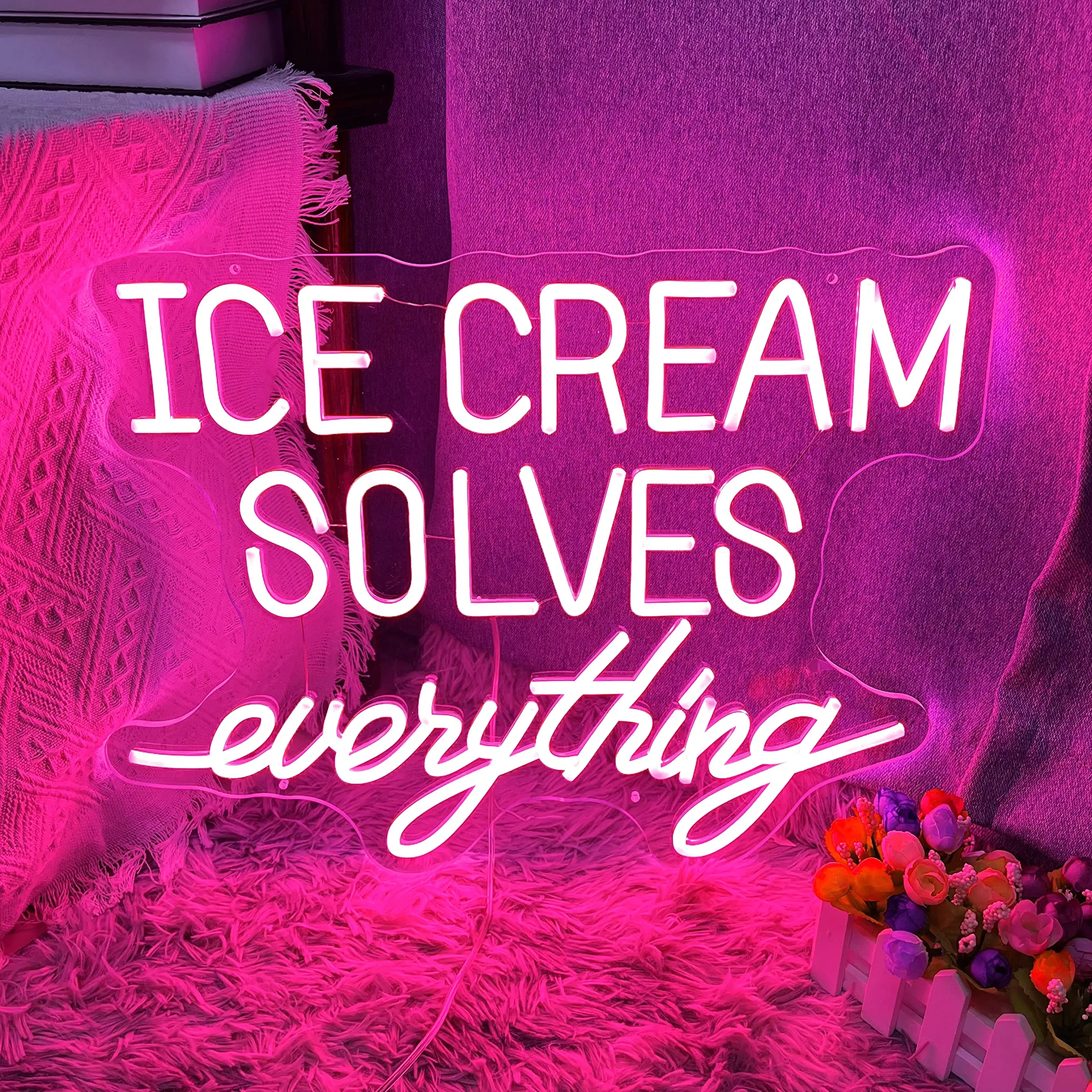 Pink Ice Cream Solves Everything Led Neon Sign for Shop Bar Wall Decor Custom Coffee Shop Restaurant Light Sign