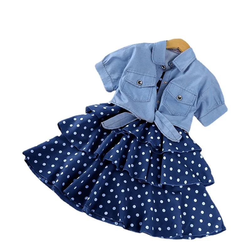 2024 Girls Denim Dress Set Young Short Sleeve Girls Skirt Set Kids Lace Dot Girls Clothes Set