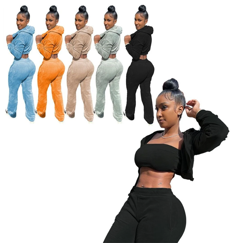 MD-20222706    2022 Women Velour Crop Jacket Hoodie Jogger Tracksuit Velvet Jogging Suit Women 3 Piece Tracksuit Pants Set